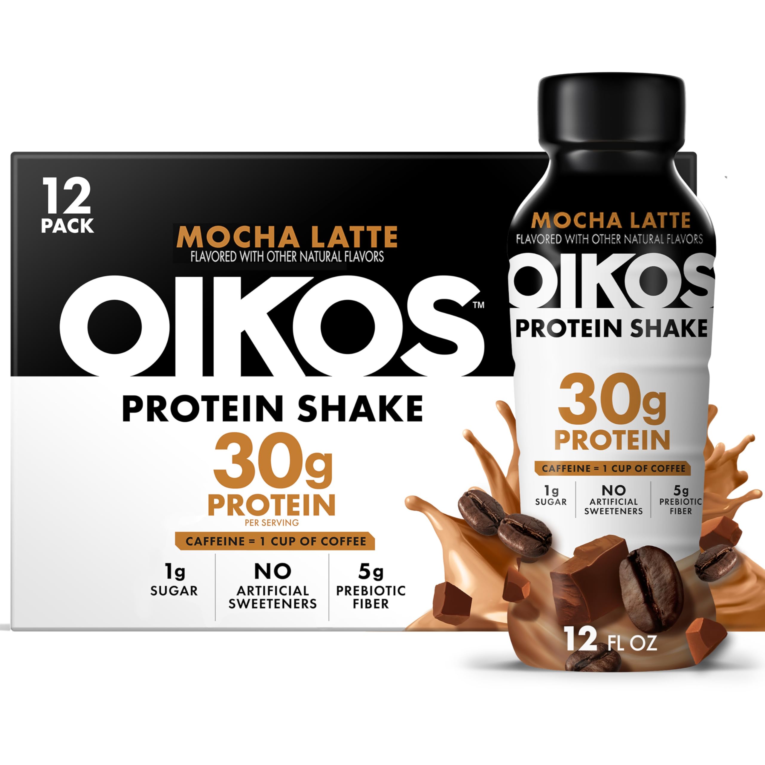 Oikos botella frontal mocha latte mostrando etiqueta y conveniencia