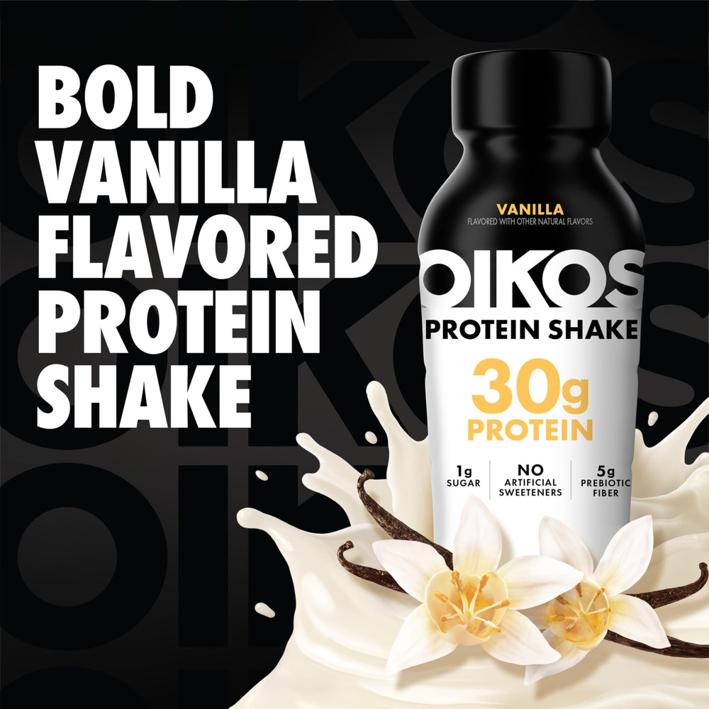 Oikos detalle etiqueta nutricional con información clara de proteínas y prebióticos