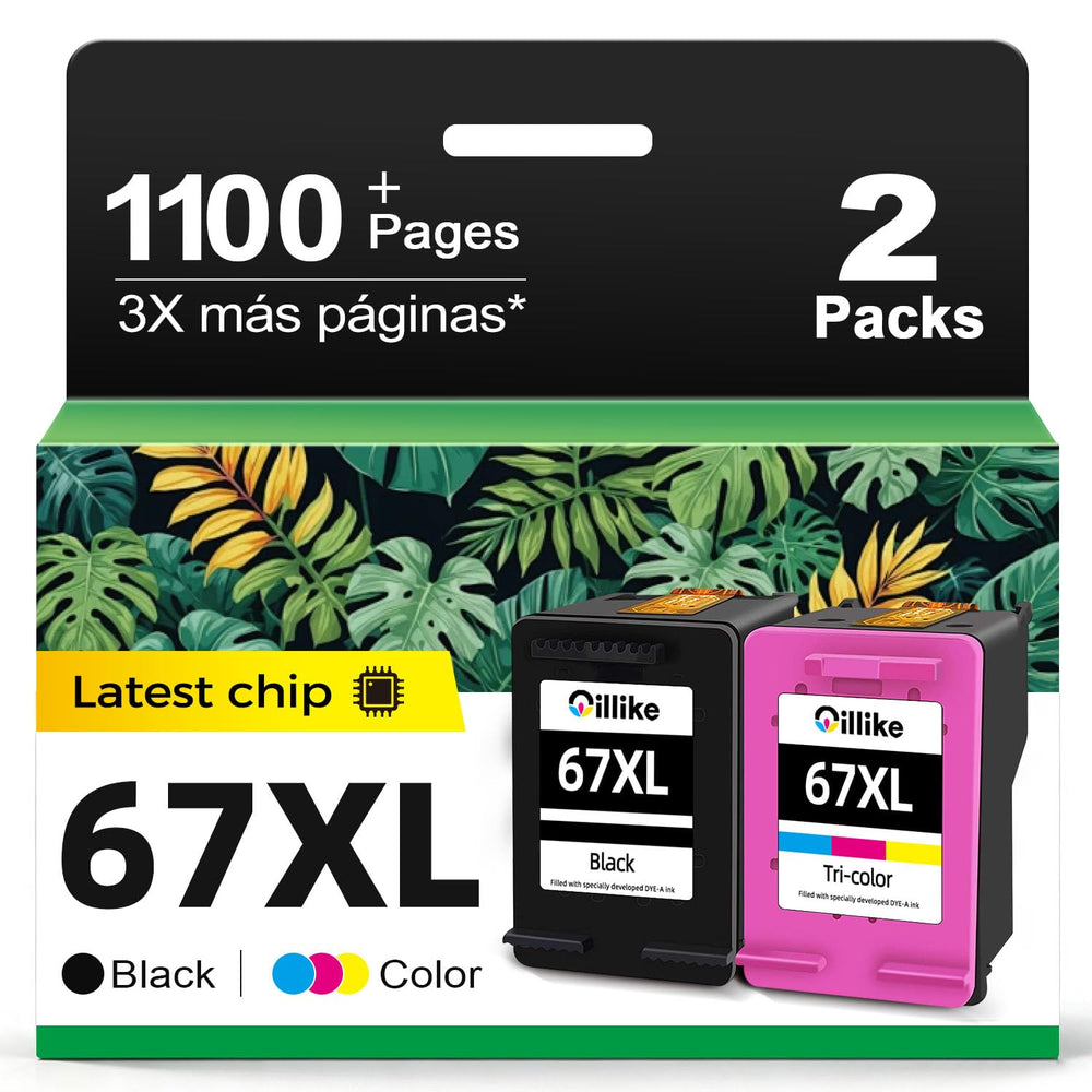 Oillike empaque frontal del pack 67XL mostrando cartuchos y beneficios