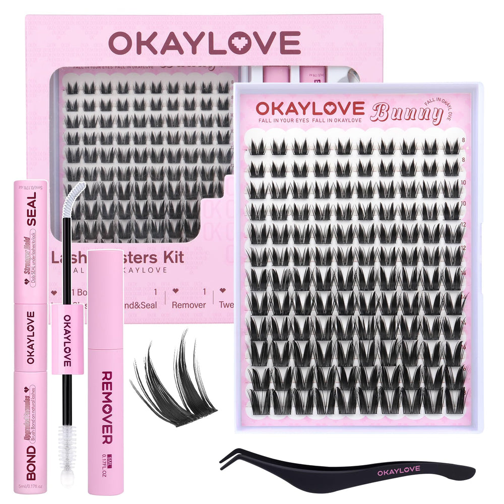 OKAYLOVE caja frontal del kit que muestra pestañas Bunny y accesorios, público objetivo definido
