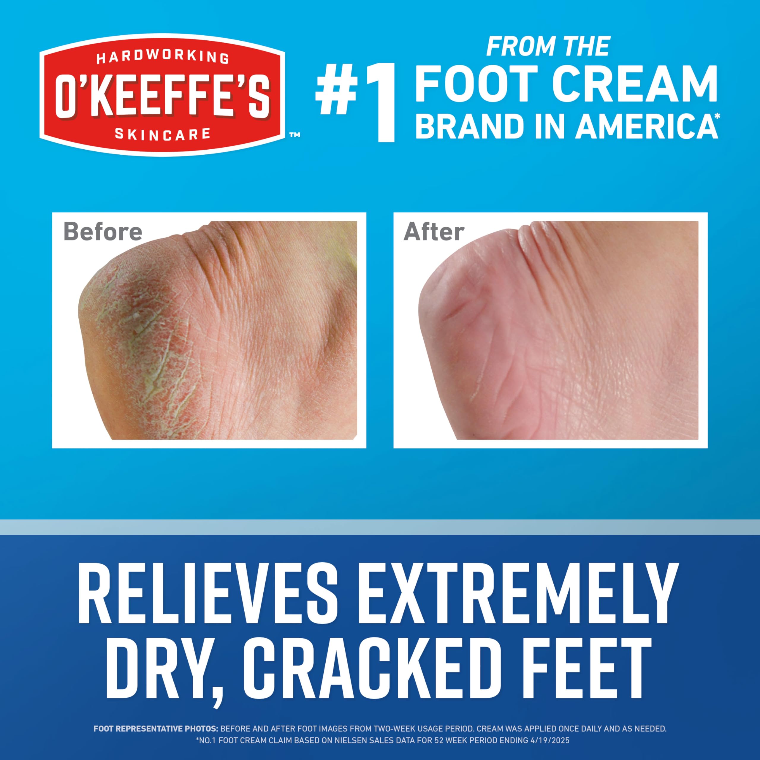 O'Keeffe's aplicación de crema en pies en un baño doméstico, alivia sequedad y protege