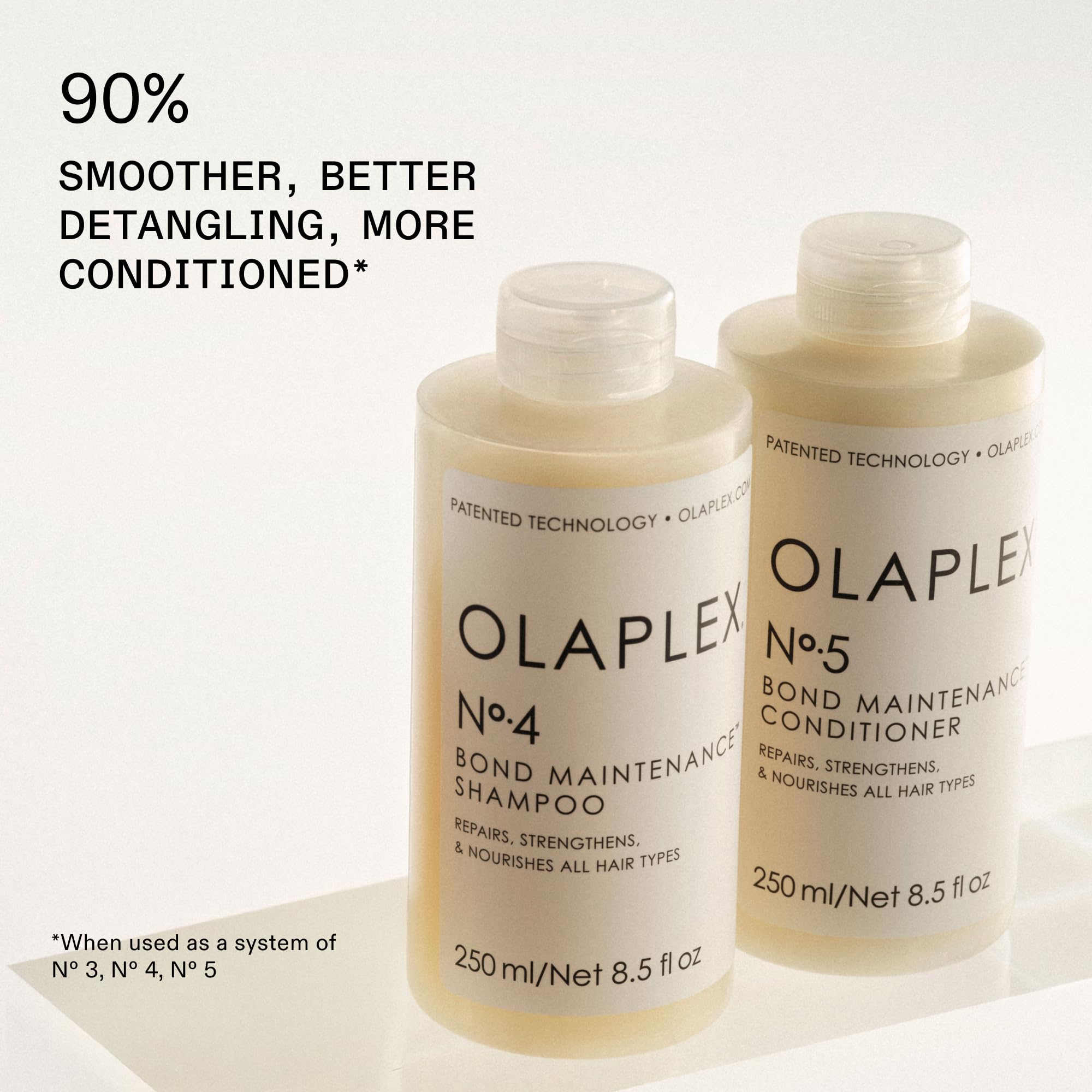 Olaplex espuma de N°.4 y N°.5 ilustrando limpieza y acondicionamiento efectivo