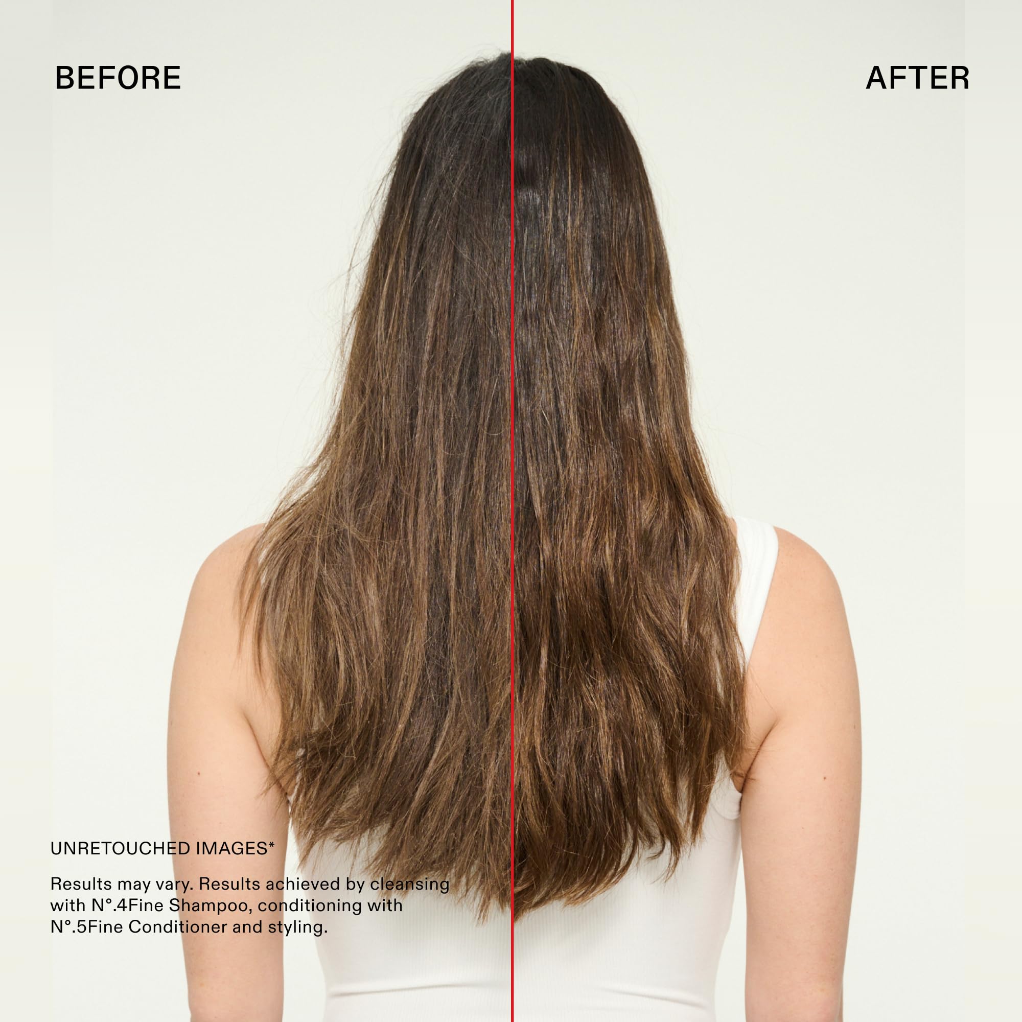 Side-by-side hair before and after No.4FINE showing increased volume and body