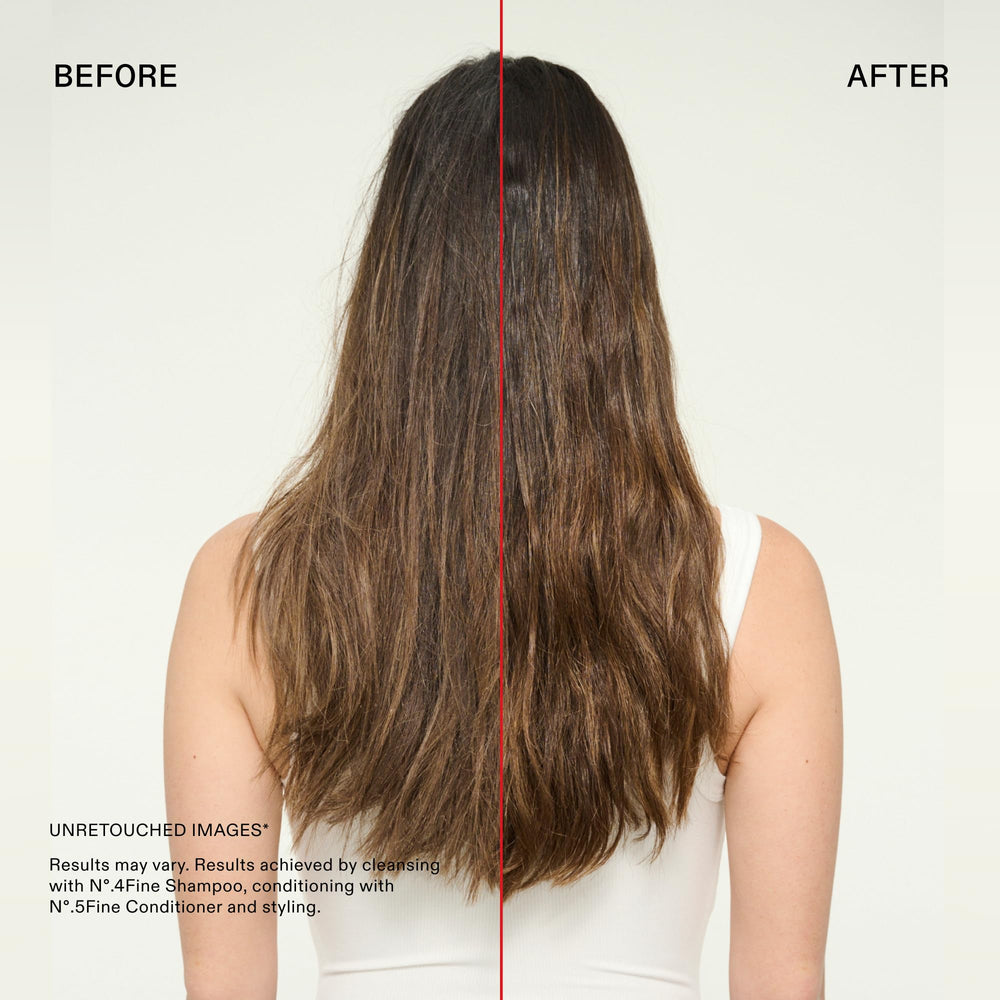 Side-by-side hair before and after No.4FINE showing increased volume and body
