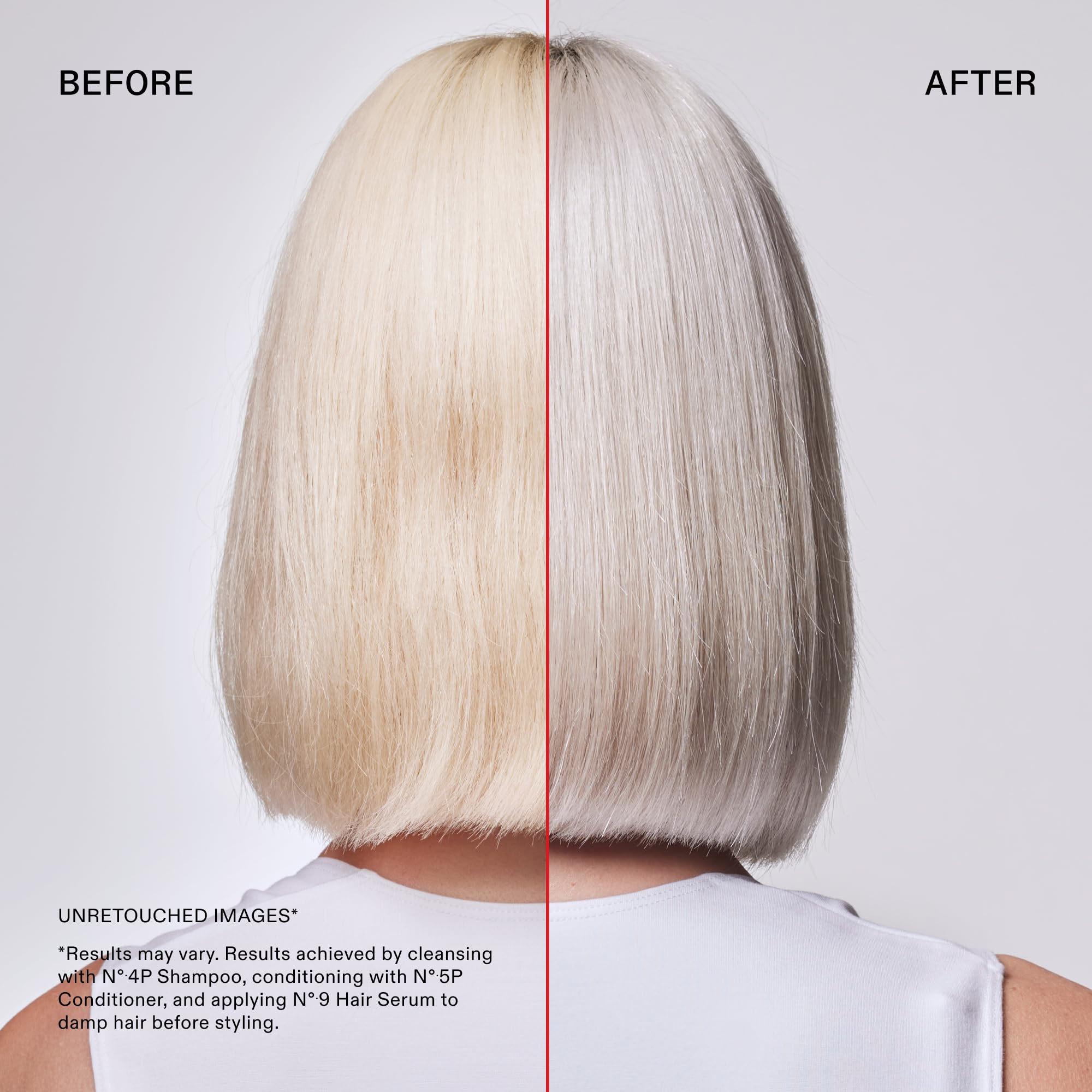 Before and after hair tone comparison using Olaplex Nº.5P to show neutralizing effect