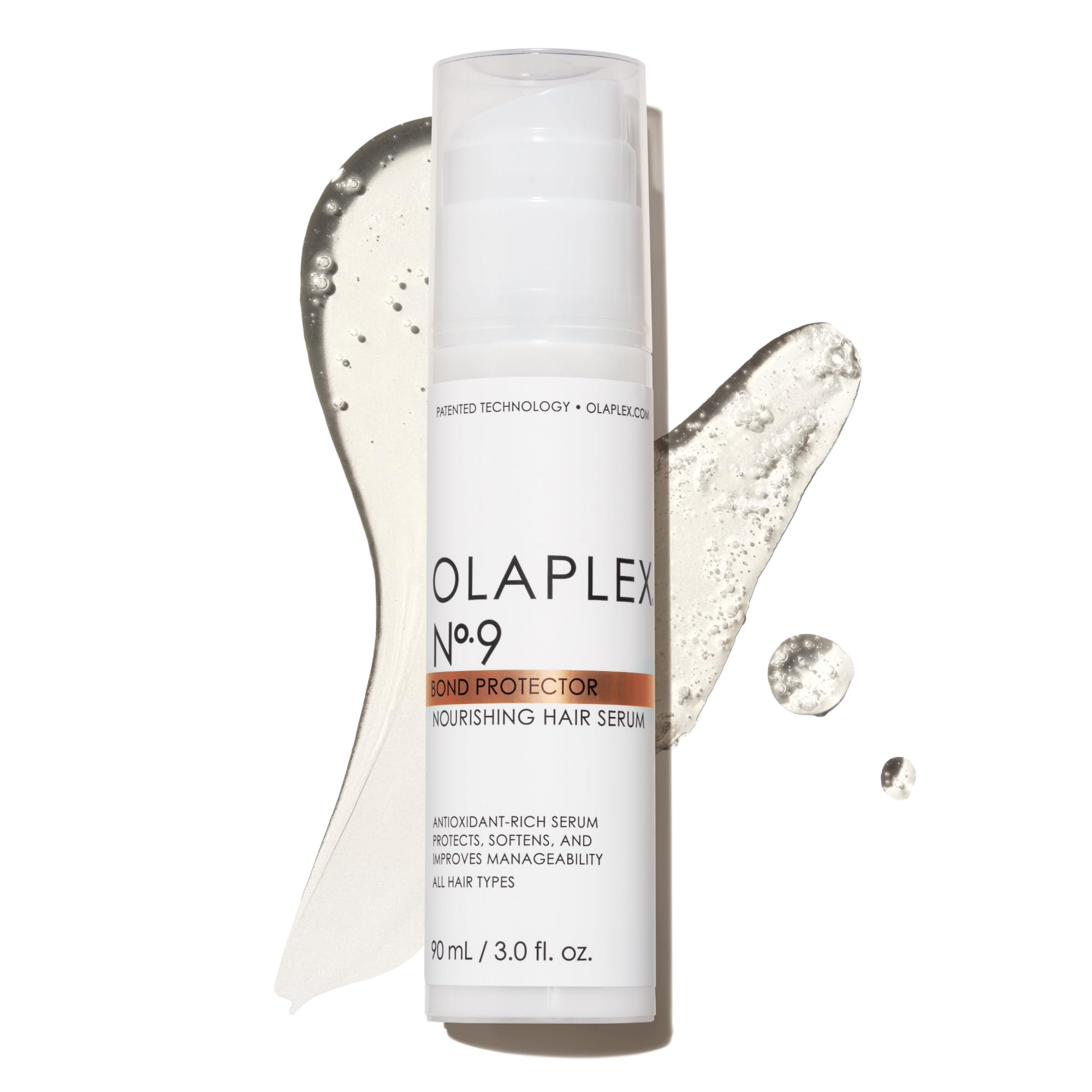 Olaplex bottle front packaging showing sleek label and 90 mL size benefit