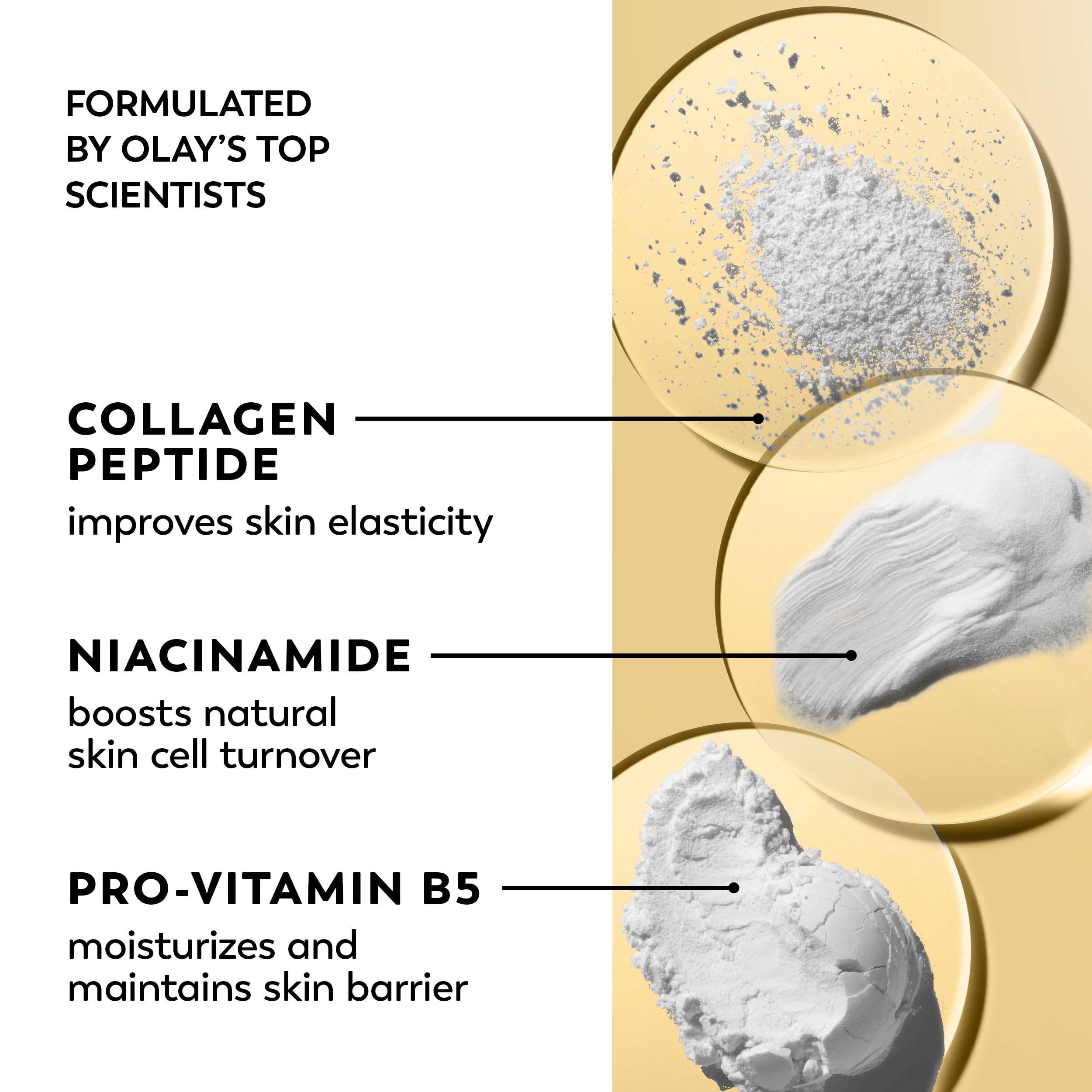Olay label close-up highlighting collagen peptide and niacinamide benefits
