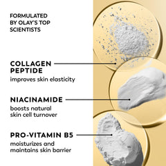 Olay label close-up highlighting collagen peptide and niacinamide benefits