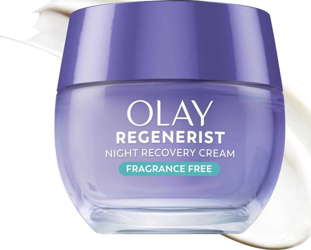 Olay frasco de crema de noche frontal, muestra la presentación y beneficio hidratante
