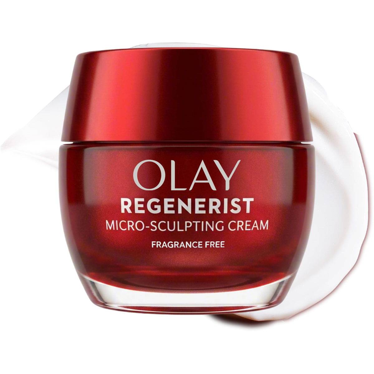 Olay tarro frontal rojo Regenerist mostrando envase compacto y eficacia visible
