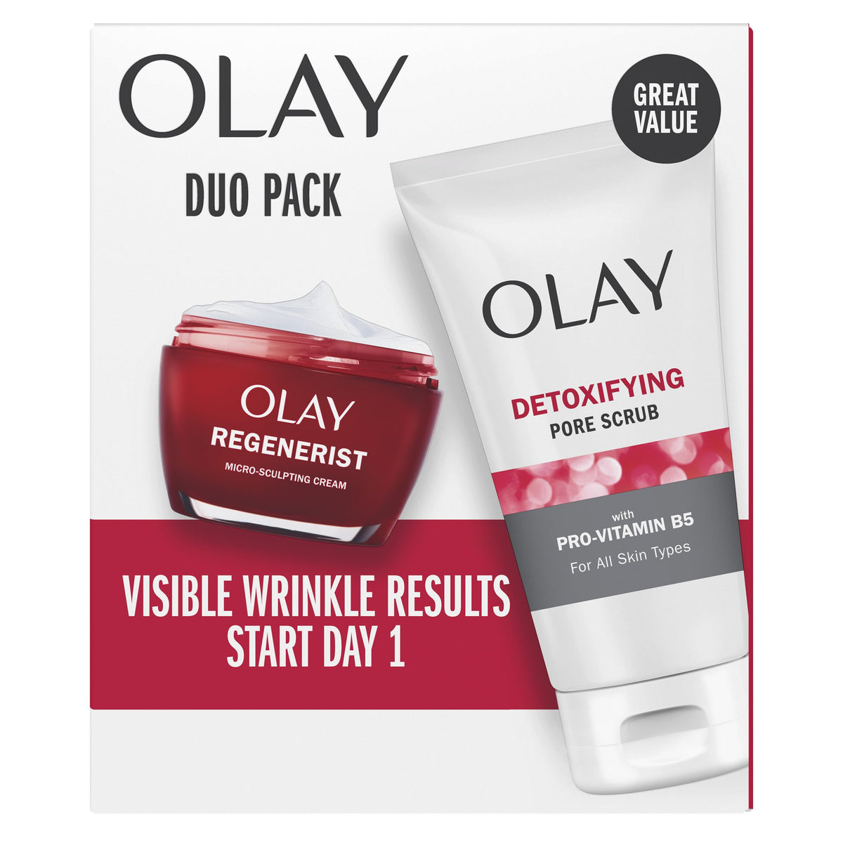 Olay pack frontal mostrando limpiador y crema, rutina completa visible