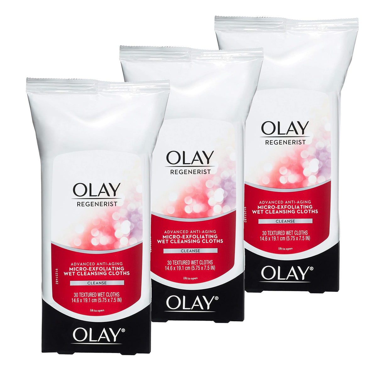 Olay paquete frontal mostrando 30 toallitas por unidad y beneficios de limpieza