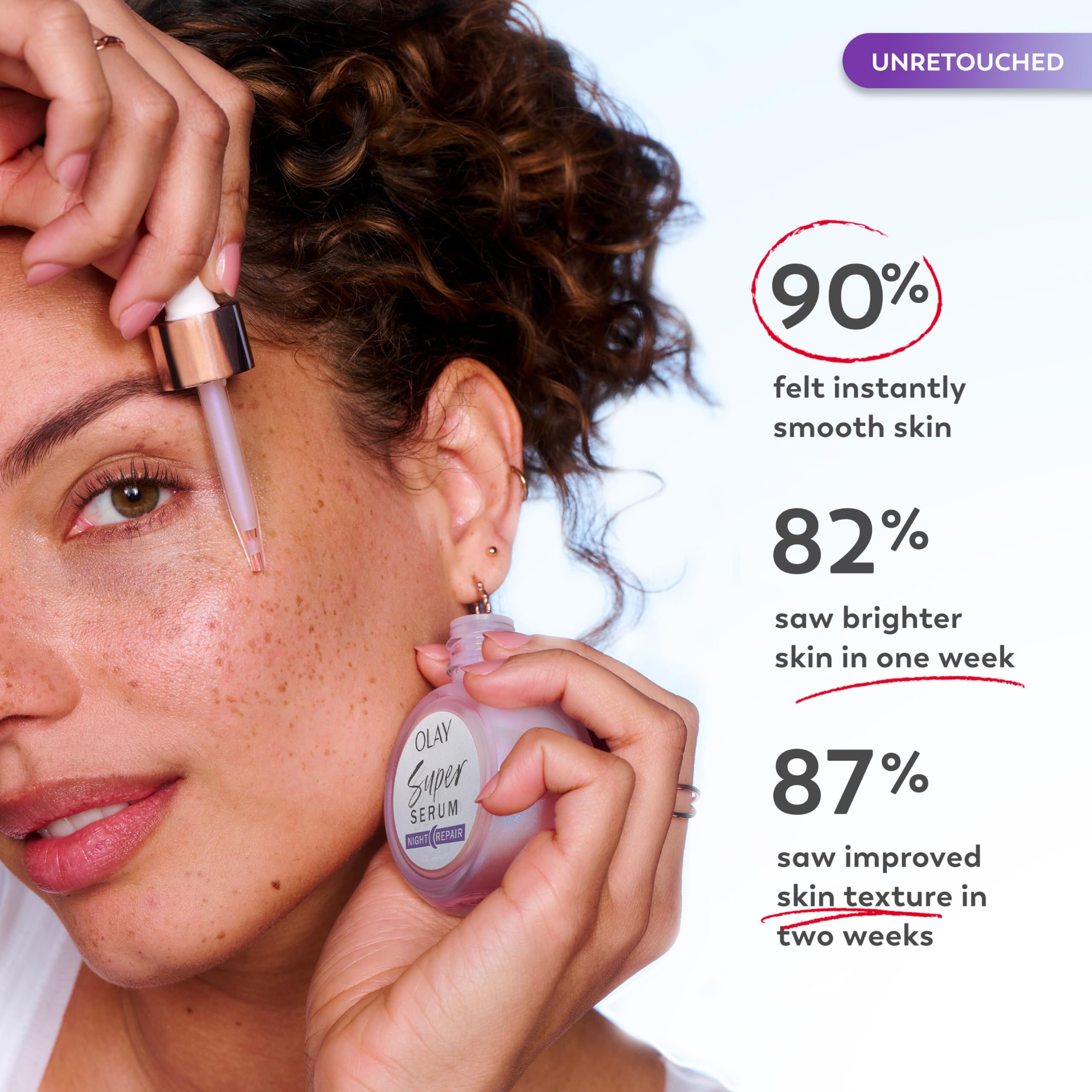 Olay super serum botella 1.0 oz junto a objeto para mostrar tamaño real