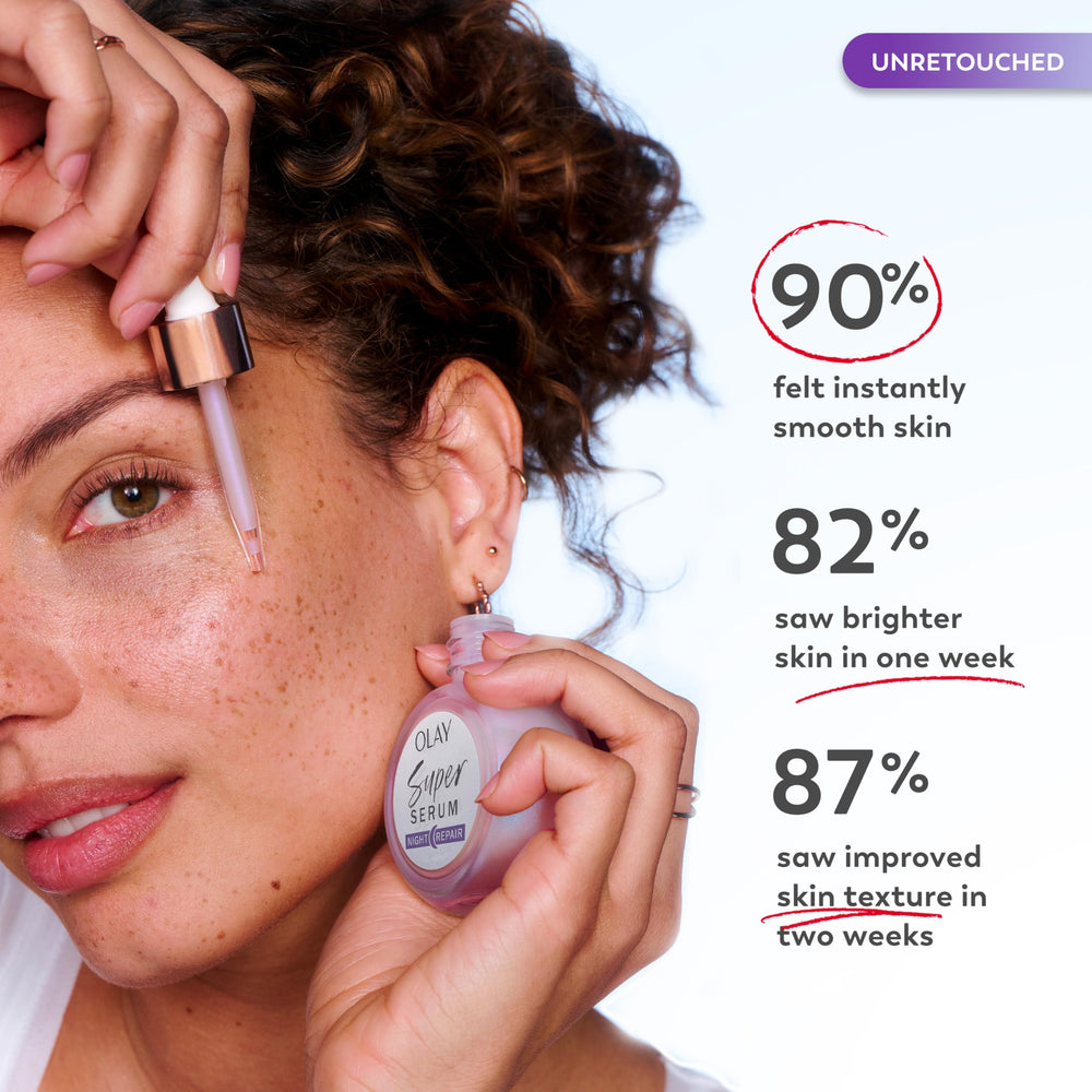 Olay super serum botella 1.0 oz junto a objeto para mostrar tamaño real