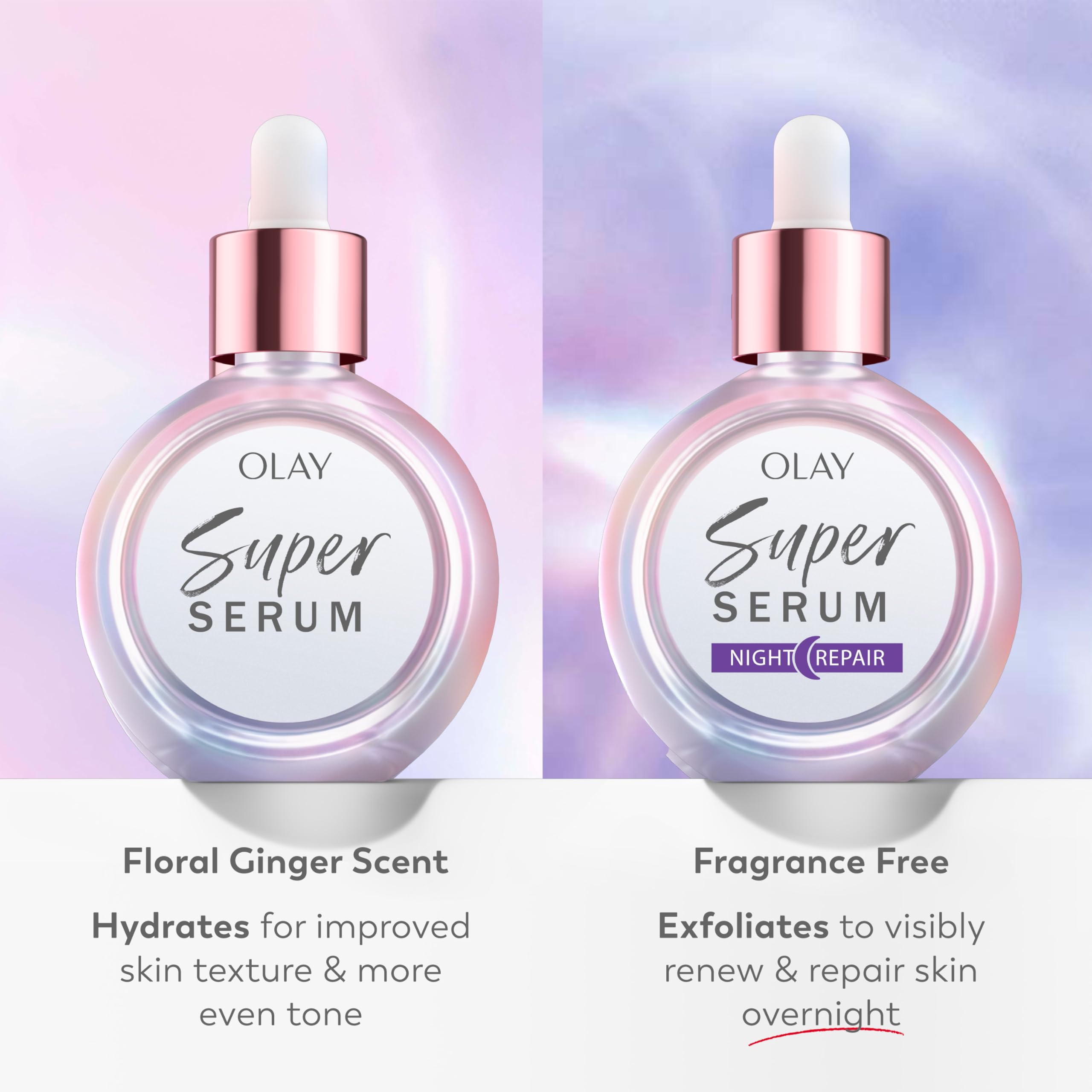 Olay super serum etiqueta con lista de ingredientes clave y beneficios visibles