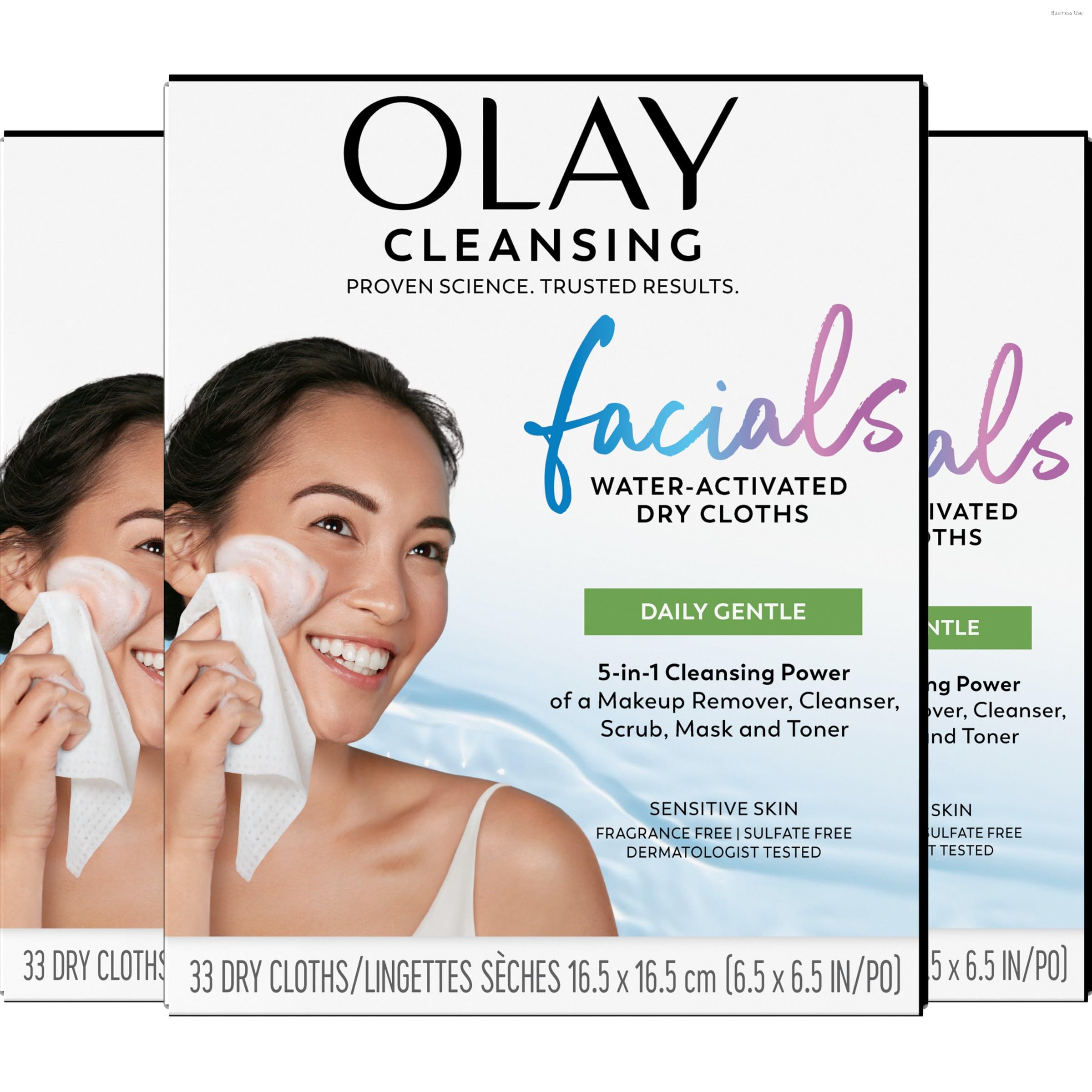 Olay empaque frontal mostrando 99 toallitas, práctico y viajero