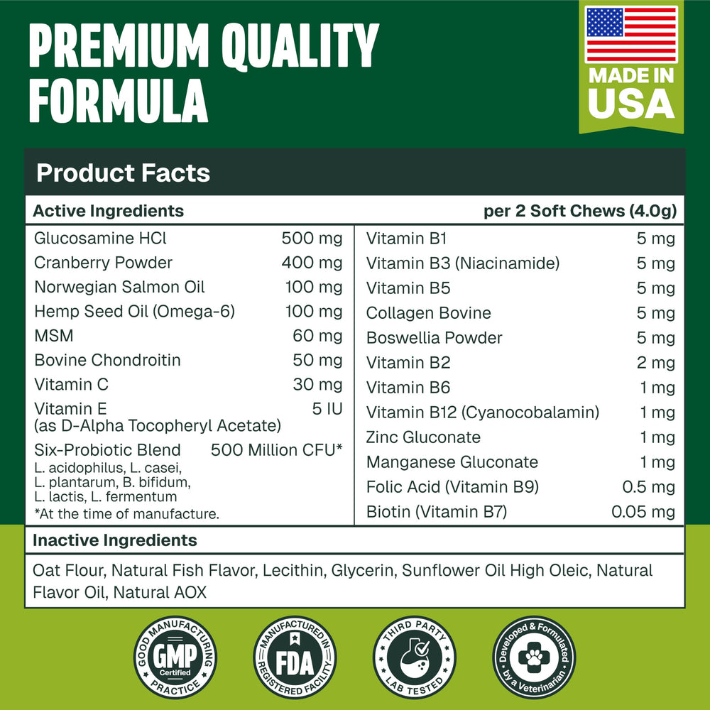 Old Dog's Barn ingredientes activos (glucosamina, omega‑3), apoyo integral