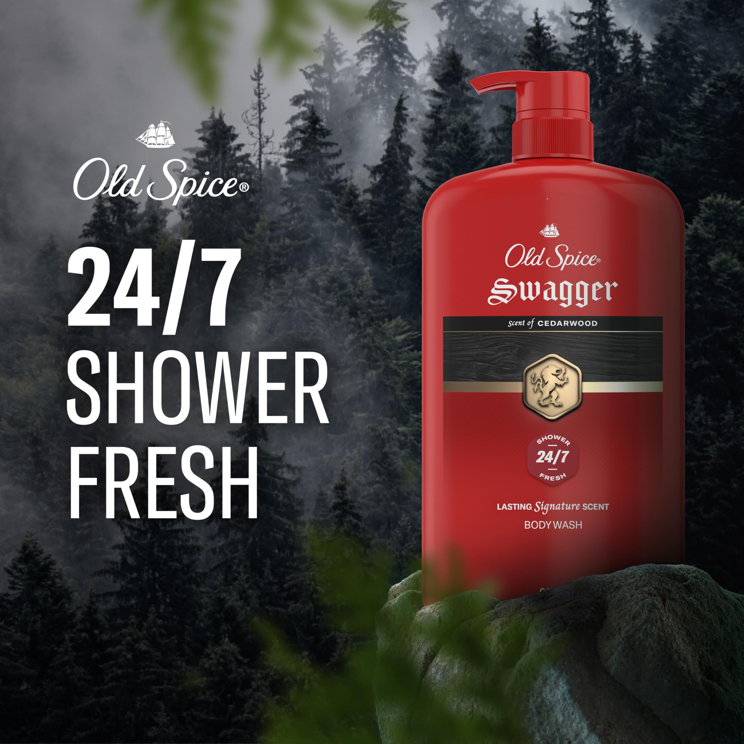 Old Spice detalle de etiqueta Swagger destacando fragancia y confianza masculina