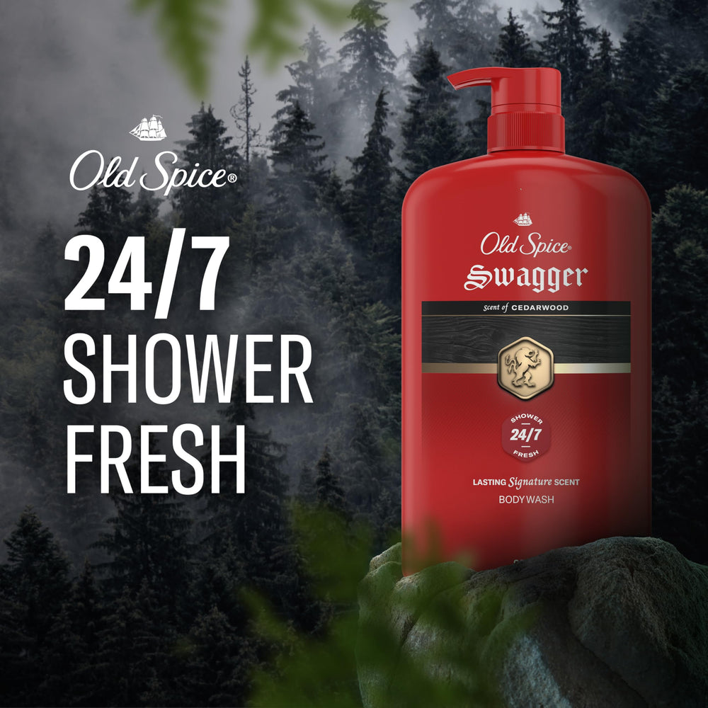 Old Spice detalle de etiqueta Swagger destacando fragancia y confianza masculina