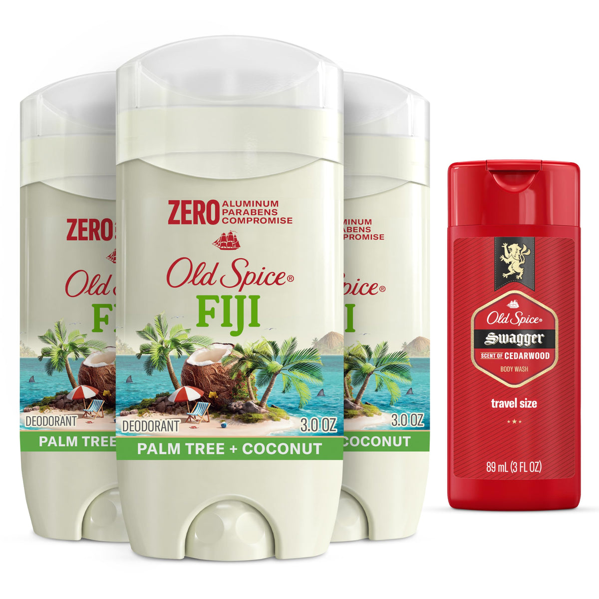Old Spice frontal pack Fiji palmeras mostrando envase y frescura duradera