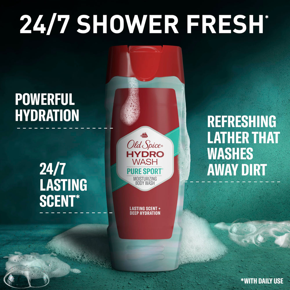 Old Spice Hydro Wash pump close-up showing easy dispensing and controlled use