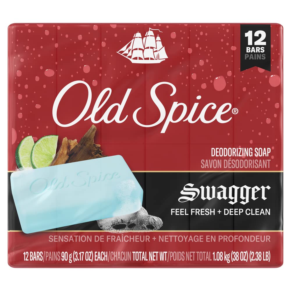 Old Spice Swagger frente del empaque mostrando paquete de 12 barras y beneficio de aroma duradero