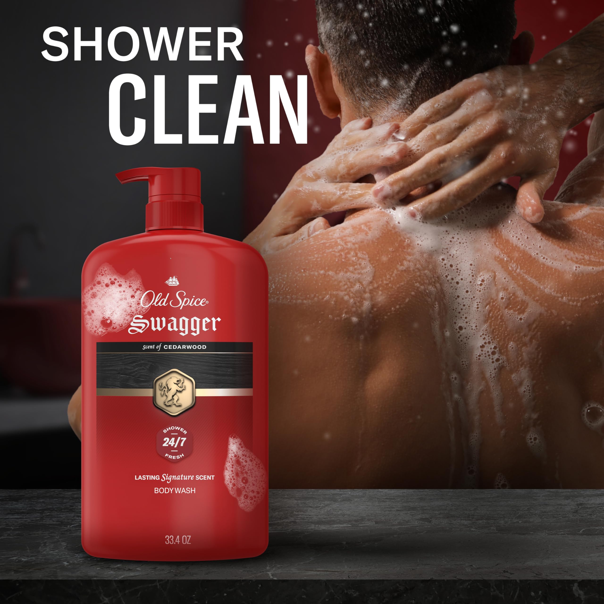 Old Spice gel en uso durante la ducha mostrando limpieza y aroma persistente