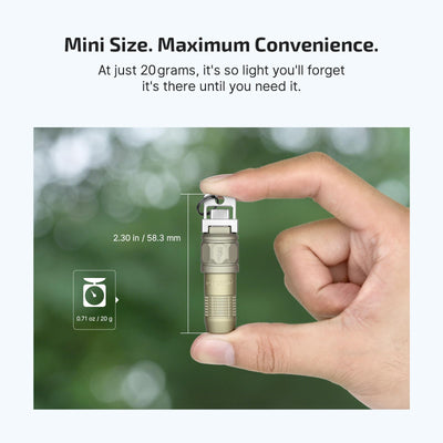 OLIGHT iUltra held in hand to demonstrate lightweight 0.71 oz feel and comfortable grip