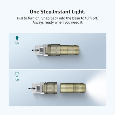 OLIGHT iUltra attached to keychain beside coins to show compact scale and portability