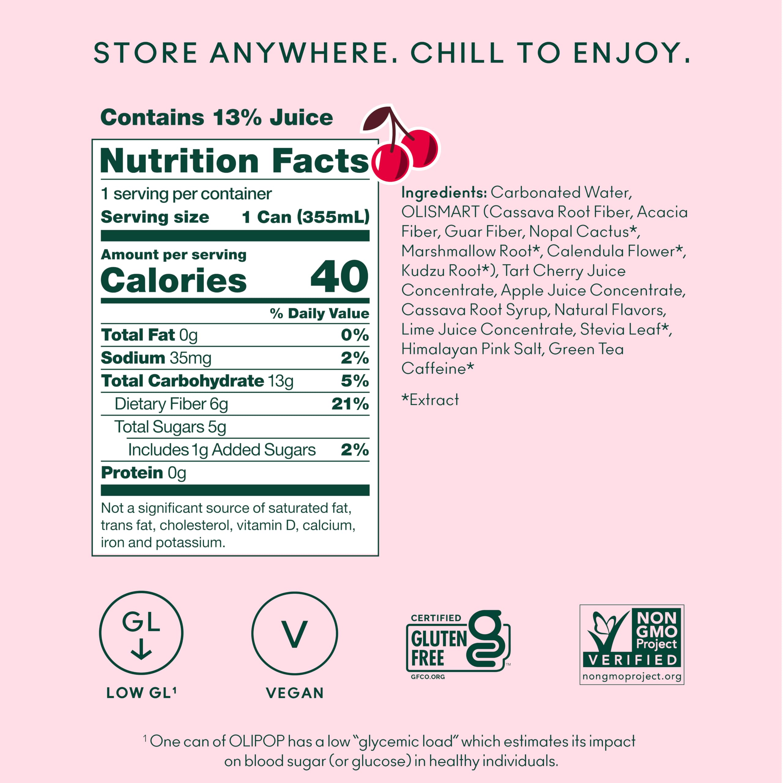 OLIPOP primer plano de etiqueta y lista de ingredientes, transparencia y confianza