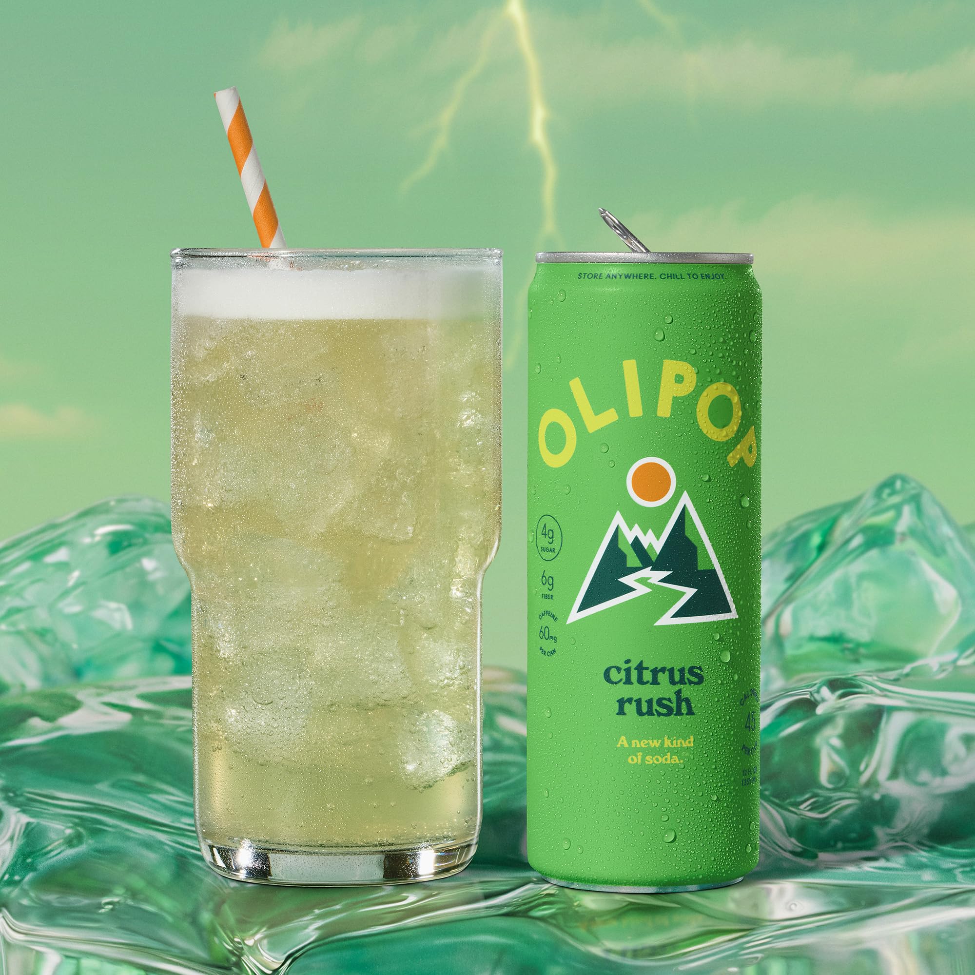 OLIPOP Citrus Rush junto a un plato ligero, sugiere maridaje y consumo en comidas