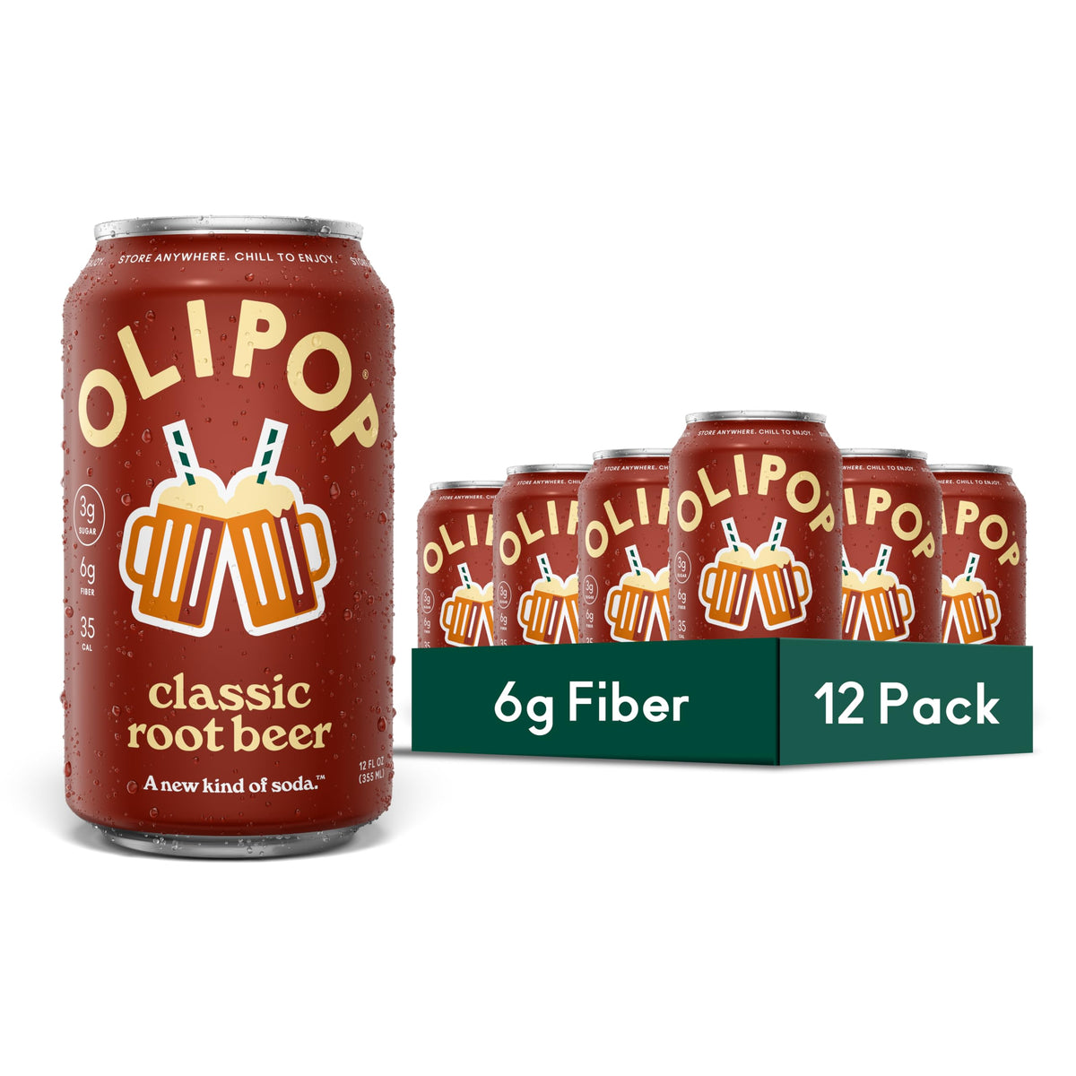 OLIPOP lata frontal del paquete mostrando diseño y beneficio de fibra