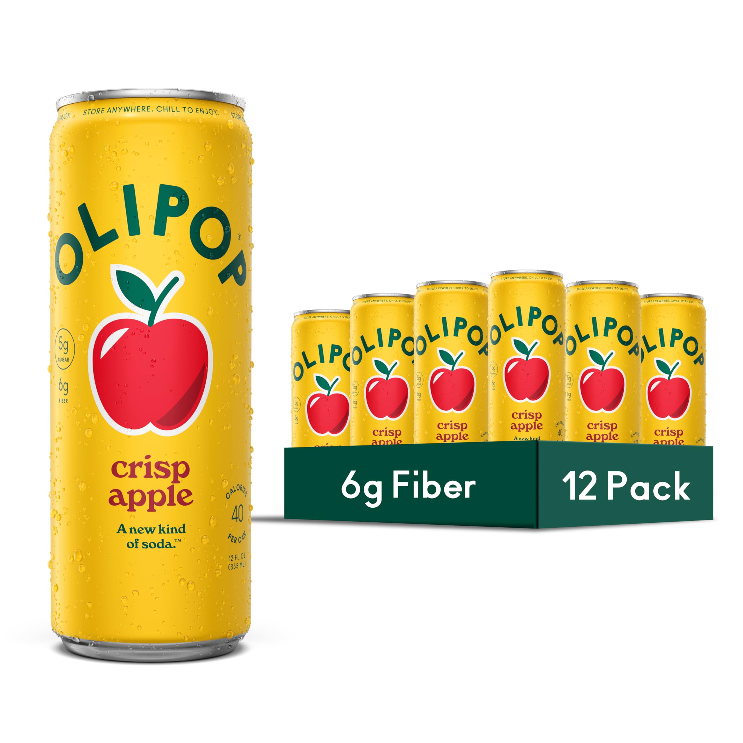 OLIPOP lata frontal mostrando la etiqueta y el sabor manzana crujiente y refresco funcional