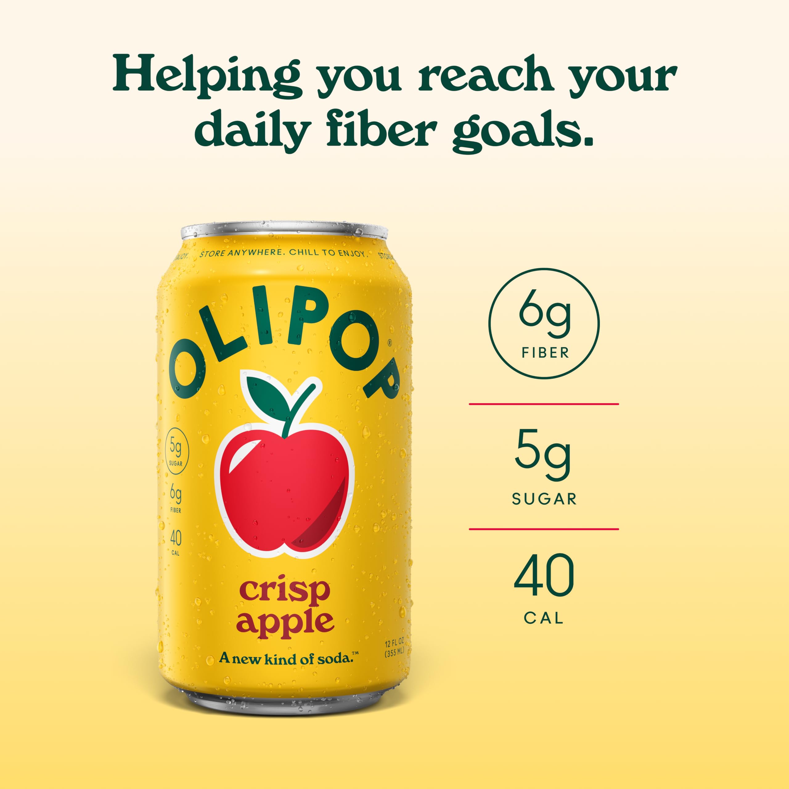 OLIPOP crisp apple open can being poured into glass, foamy pour and thirst-quenching appeal
