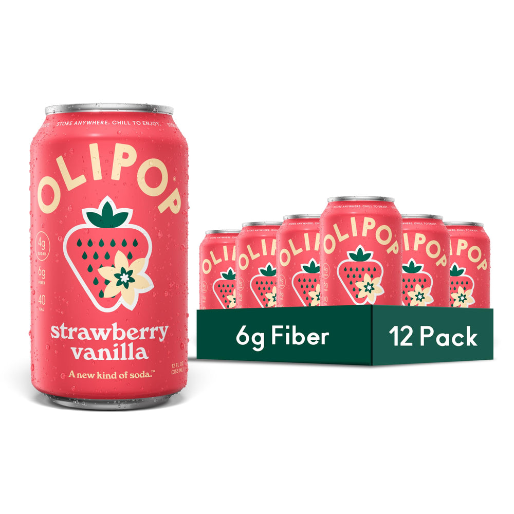 OLIPOP lata fresa vainilla vista frontal con diseño atractivo y sabor auténtico