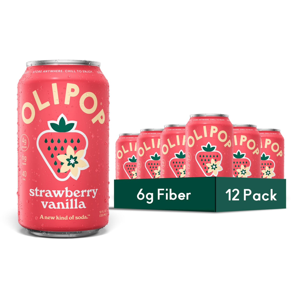 OLIPOP lata fresa vainilla vista frontal con diseño atractivo y sabor auténtico