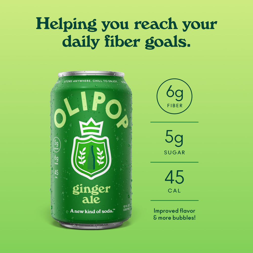 OLIPOP lata abierta con efervescencia visible, imagen que transmite frescura instantánea