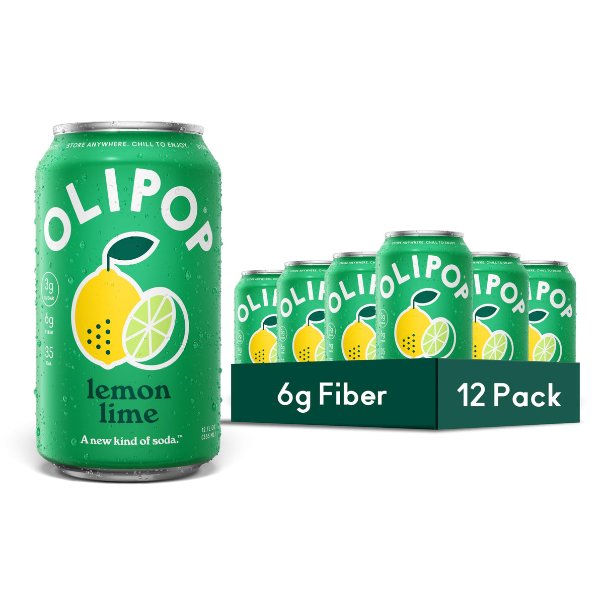 OLIPOP frente del envase mostrando diseño y sabor limón-lima, refresco funcional