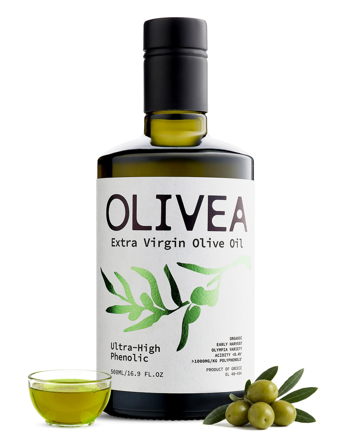 OLIVEA botella frontal 500ml mostrando origen y beneficio antioxidante