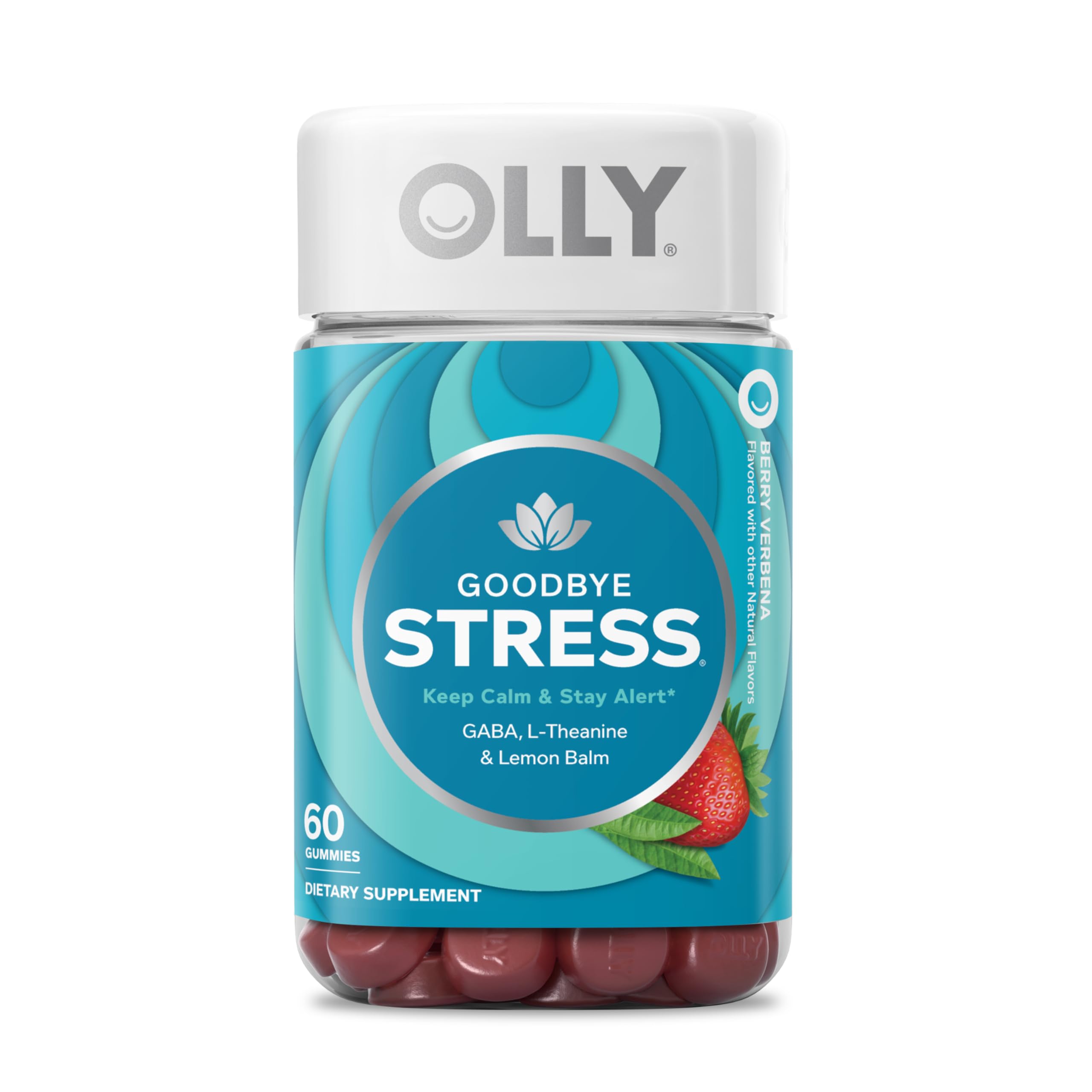 OLLY frasco frontal de Goodbye Stress mostrando 60 gomitas y etiqueta clara