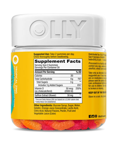 OLLY ingredientes azafrán y vitamina D representados juntos beneficios
