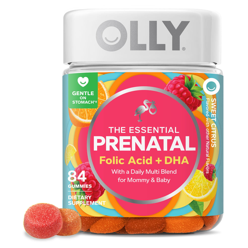 OLLY frasco frontal del suplemento prenatal, presentación clara y práctica