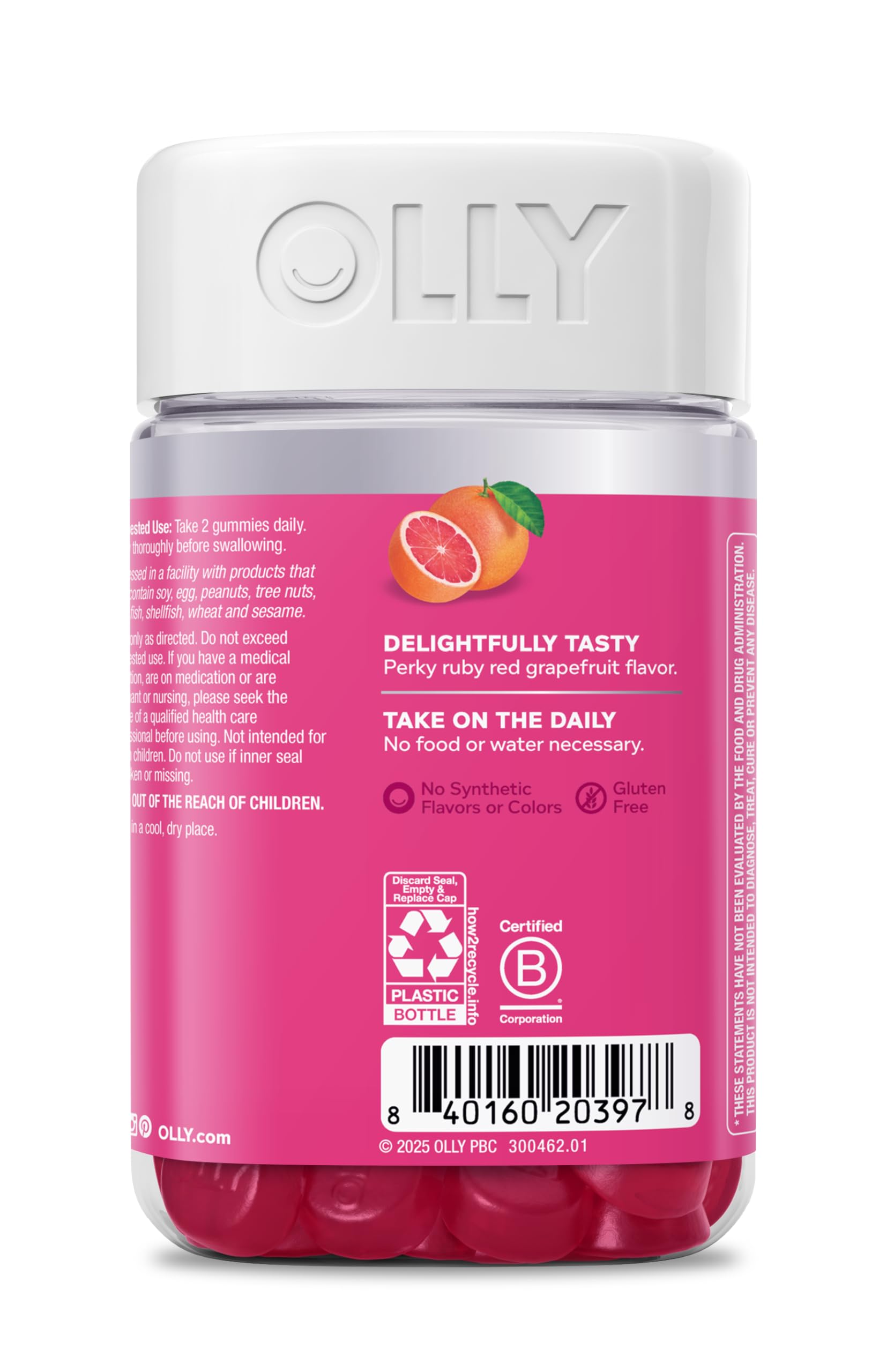 OLLY rótulo ingredientes con biotina, vitamina C, E y keratina listados