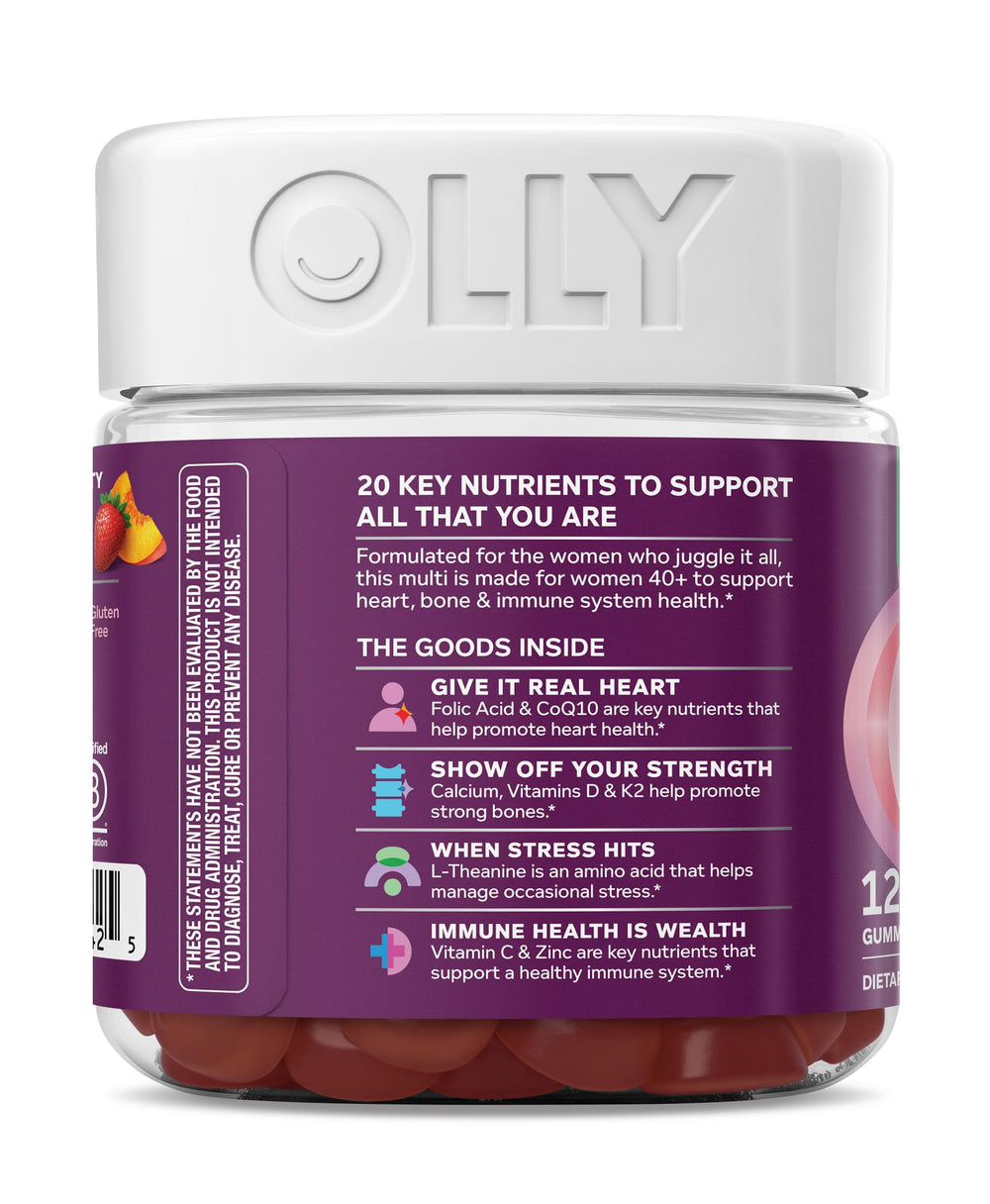Closeup de sabor durazno y fresa en gomitas OLLY Women’s 40+, aspecto apetecible