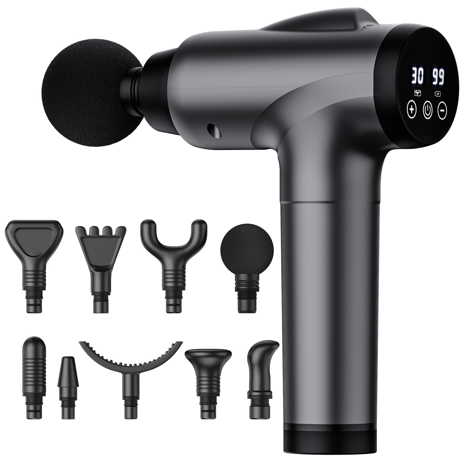 OLsky front view of the grey massage gun showing sleek design and portability