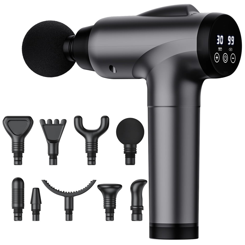 OLsky front view of the grey massage gun showing sleek design and portability