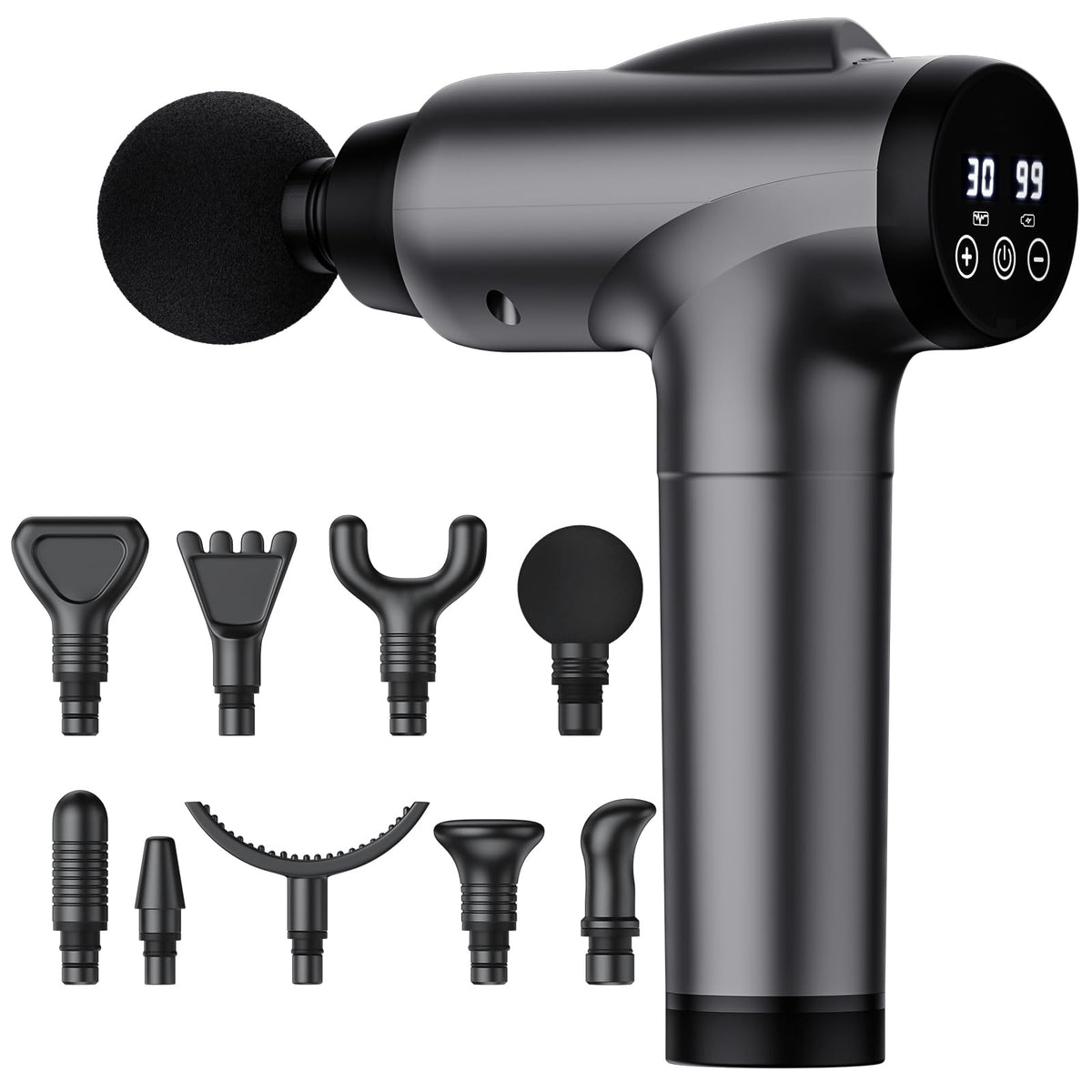 OLsky front view of the grey massage gun showing sleek design and portability