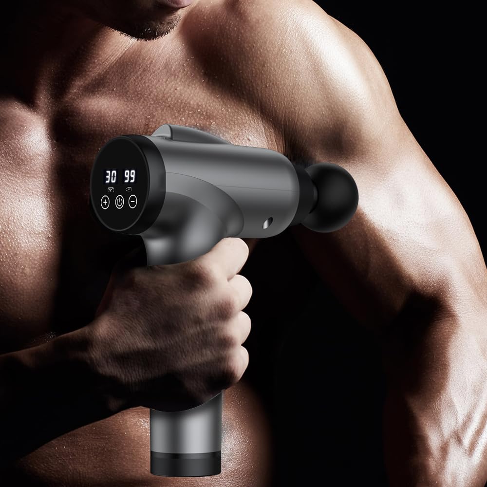 OLsky massage gun in gym setting demonstrating quiet discreet use