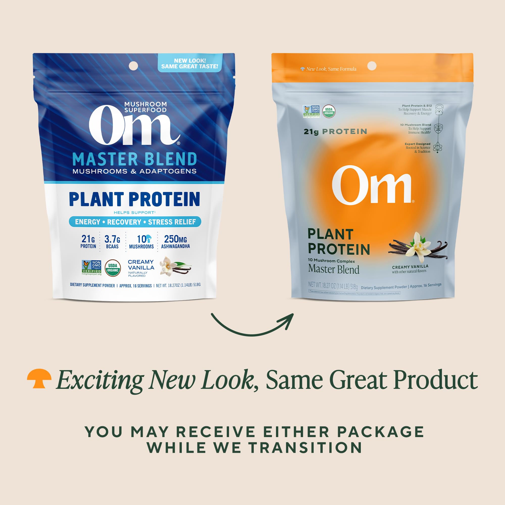 OM MUSHROOM SUPERFOOD envase junto a objetos para mostrar 16 porciones y tamaño