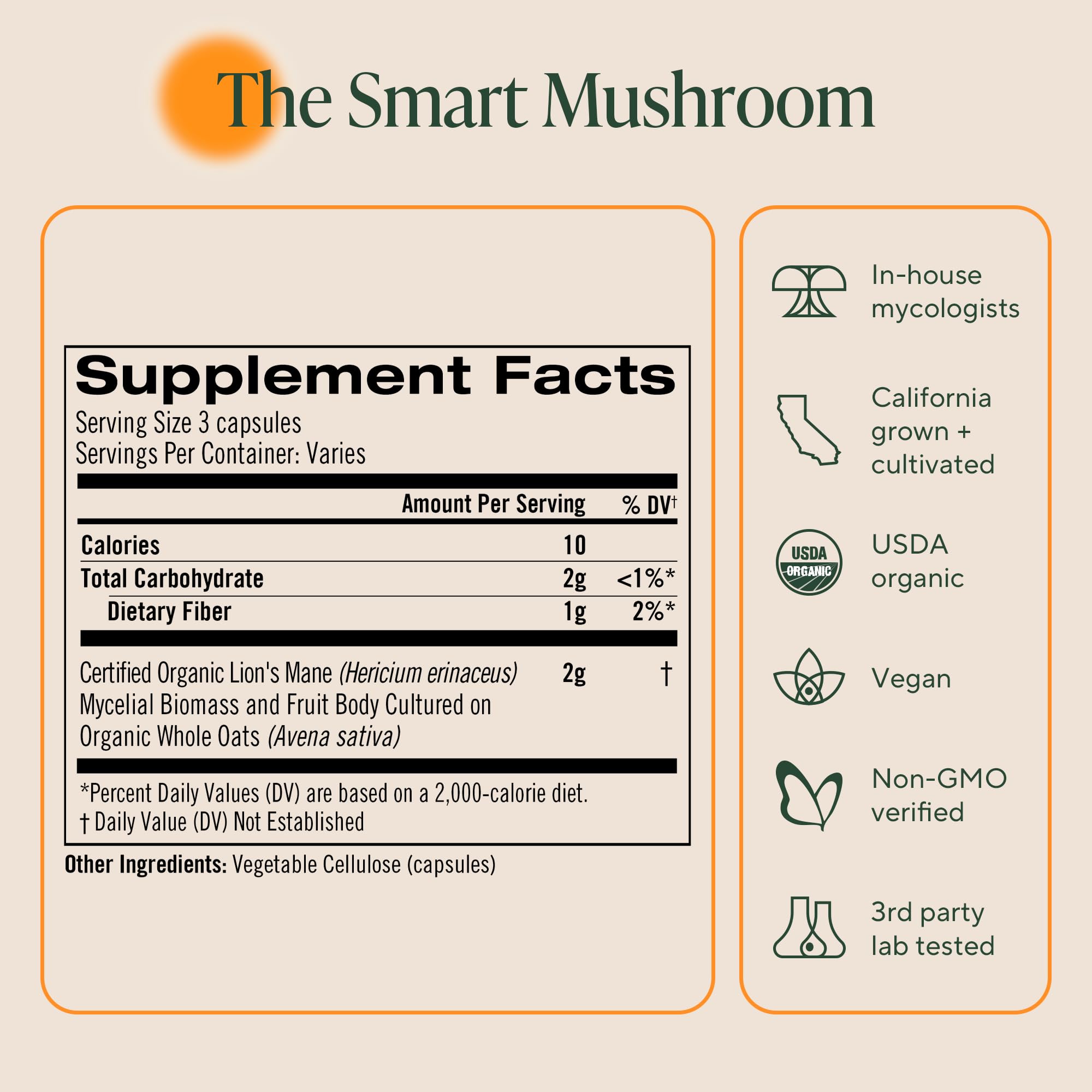 OM MUSHROOM SUPERFOOD etiqueta con ingredientes y dosis, información transparente